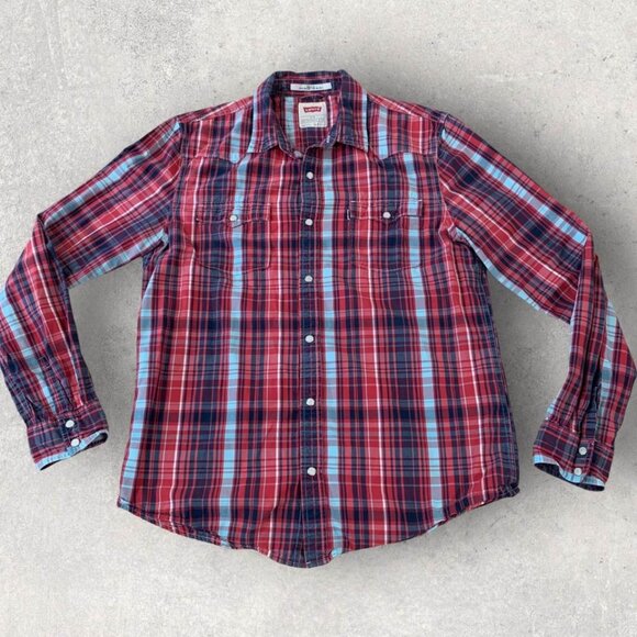 Levi’s Western Shirt Mens Large Red Plaid Pearl Snaps White Tab Work Ranch Rodeo - Picture 1 of 5
